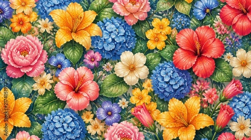Vibrant Floral Tapestry: A stunning, detailed illustration of a diverse array of blooming flowers in various shapes, sizes, and colors, creating a rich and lively botanical scene.