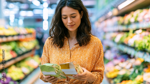 a young woman standing in a modern supermarket comparing two generic food packages with blank labels, carefully choosing the healthier option, healthy grocery shopping, wellness lifestyle