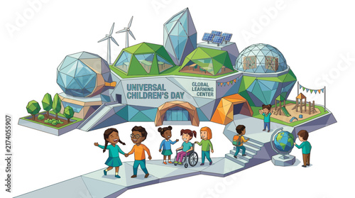 Futuristic Eco-Learning Center with Diverse Children