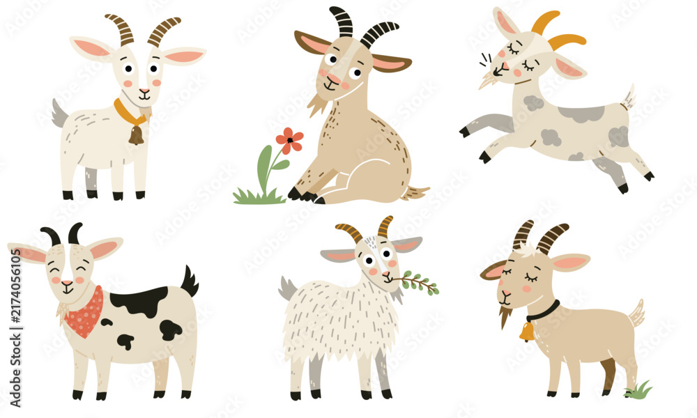 Obraz premium Cute Farm Goat Set with Different Goat Characters, Kids and Dairy Goats, Hand Drawn Rustic Farm Animal Vector Illustrations