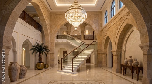Luxurious hotel lobby interior with grand staircase and chandelier