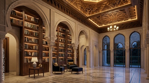 Luxurious Islamic Library Interior with Ornate Ceiling and Arches