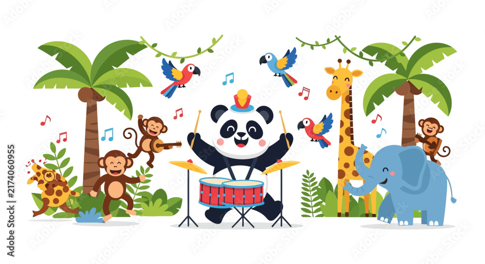 Naklejka premium Jungle Band Party: Panda Drums, Monkeys Play Guitar, Giraffe, Elephant, Parrots