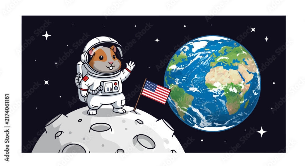 Naklejka premium Guinea Pig Astronaut on Moon Waving with US Flag, Earth in Background