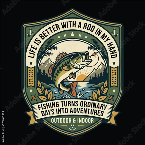Retro outdoor fishing emblem with jumping bass fish, mountains, and lake landscape-mug,hoodie,t shirt,typography,quoutes,qoute,poster,post,card.