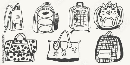 school bags set in hand drawn style in vector. Element for design advertisement mail posts poster print postcard banner decor backgrounds