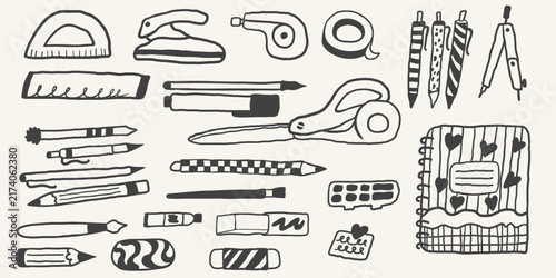 school stationery set in hand drawn style in vector. Element for design advertisement mail posts poster print postcard banner decor backgrounds