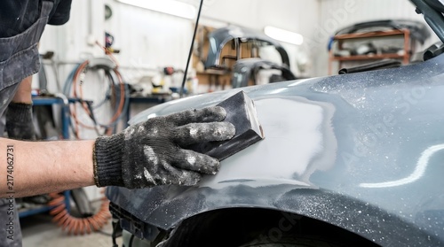 Professional technician sanding car body filler with block in auto repair workshop
