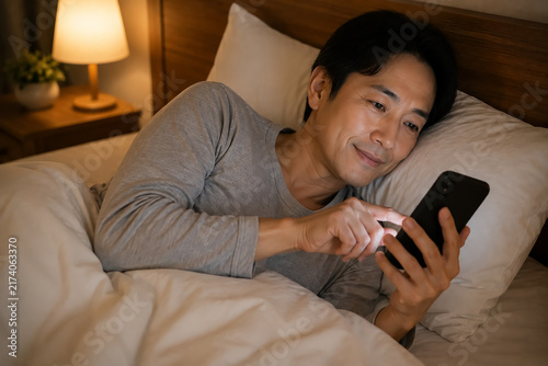 Plakat スマホに夢中で夜更かしする日本人のミドル男性
