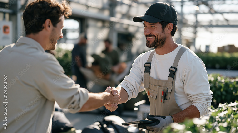 Obraz premium A greenhouse cultivation worker handing off plant monitoring duties to the night shift colleague in a rural growing facility, a solo focused moment captured mid handshake between