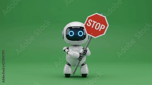 Cute White Robot Holding Red Stop Sign on Green Background