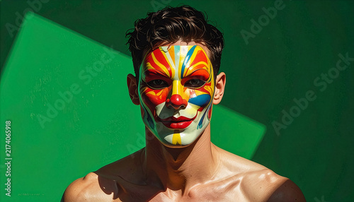 Portrait of a young man with colorful clown face paint looking at camera against green background with dramatic shadows