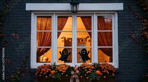 Halloween decorated window or fireplace with glowing pumpkins wonderfully crafted