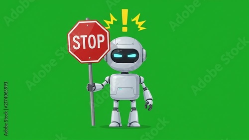 White Robot Holding Red Stop Sign on Green Screen Background