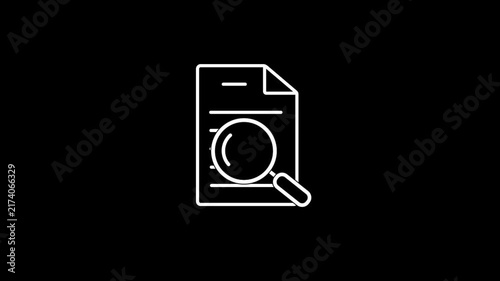 Document search animation showing magnifying glass over digital paperwork for information discovery, file review, data analysis, verification and research