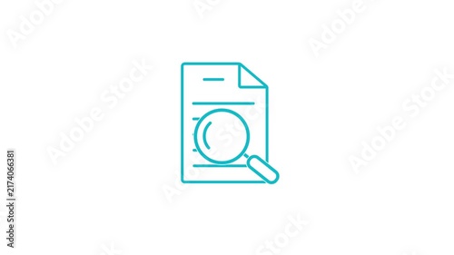 Document search animation showing magnifying glass over digital paperwork for information discovery, file review, data analysis, verification and research