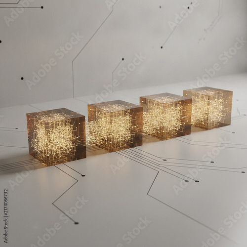 Futuristic Golden Cubes, Digital Circuit Background, Glowing Data Blocks, Technology Concept, Electronic Components, White Surface