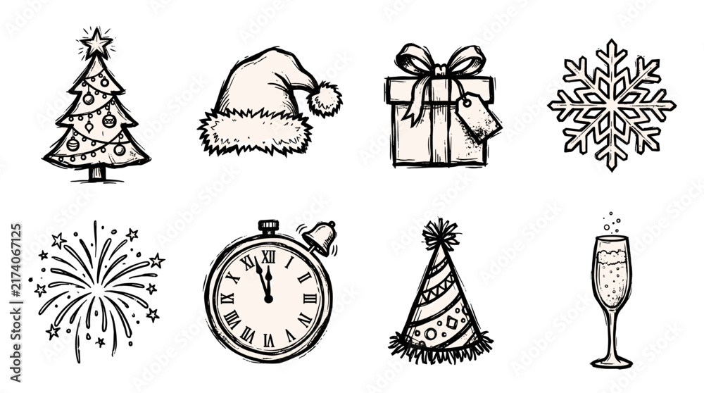 Fototapeta premium Hand Drawn Holiday and New Year Celebration Icon Set