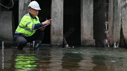 Engineer Recording Drainage Infrastructure Inspection Data in Flooded Culvert