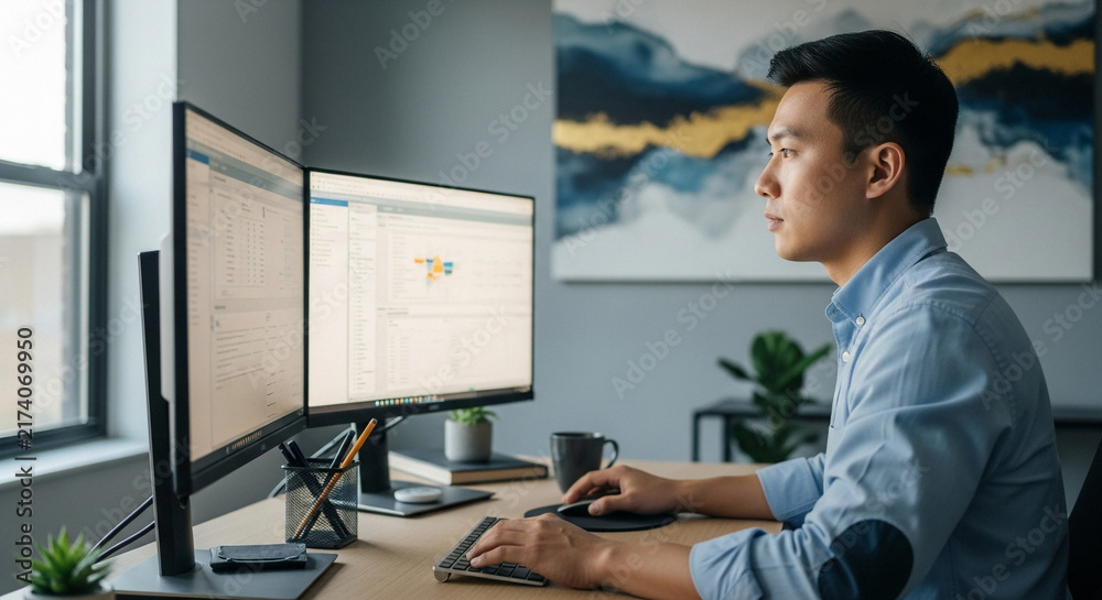 Fototapeta premium Focused professional working on dual monitors in office