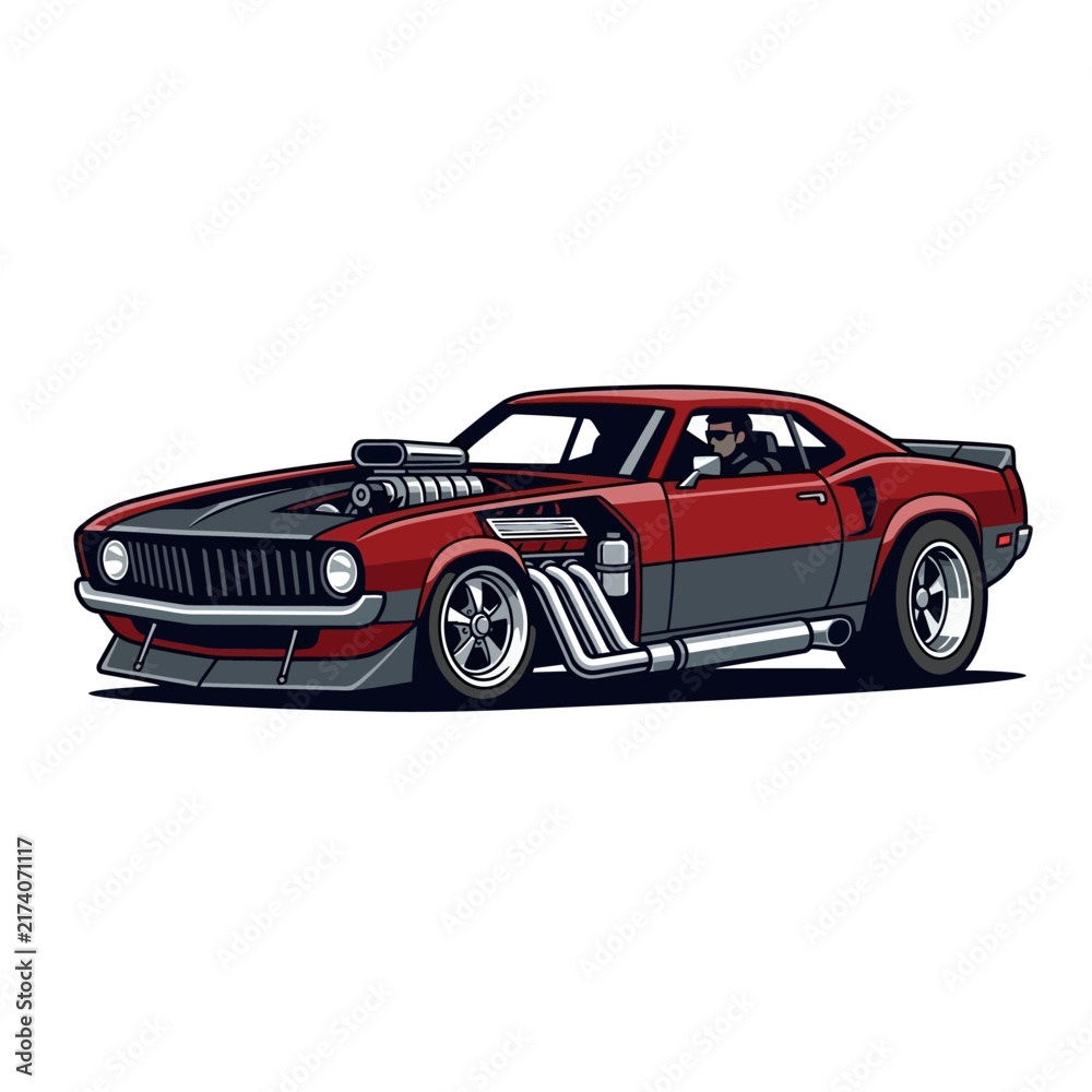 Naklejka premium Custom Red Hot Rod Muscle Car with Supercharger and Exhaust - Vector Illustration