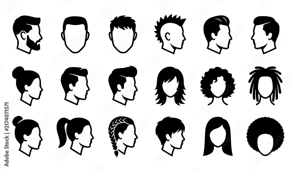 Obraz premium Modern haircut and hairstyle icon set for barber salon beauty grooming and contemporary fashion vector design