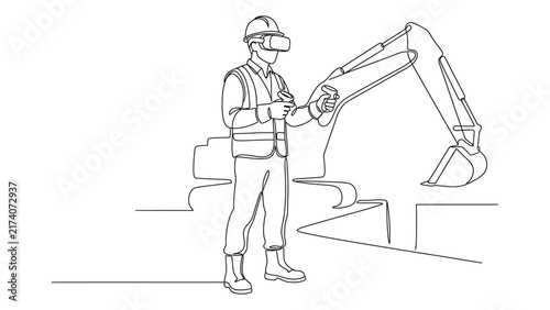 Continuous line drawing of a construction engineer using virtual reality headset.
