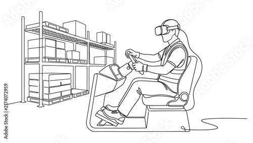 A worker using virtual reality simulation technology to operate machinery in a warehouse environment.