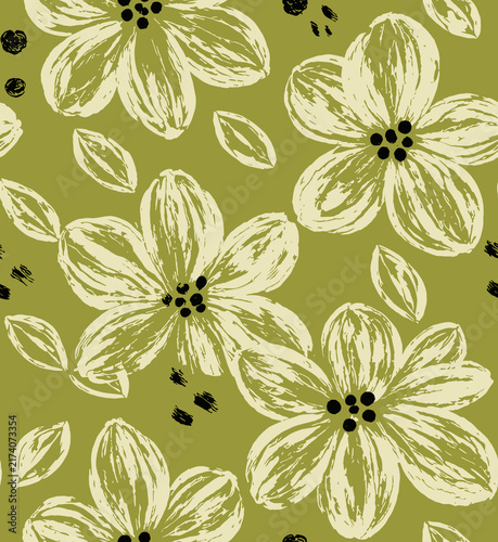Seamless organic floral pattern with large hand-drawn chalk-style cream flowers, dark dotted centers, and leaves on an olive green background.
