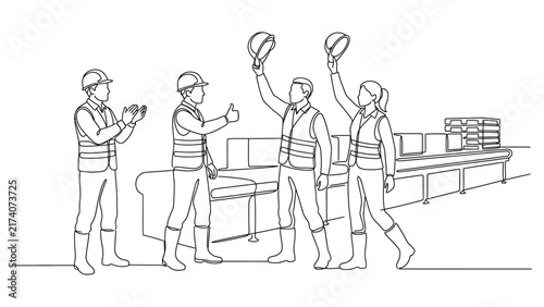Continuous line drawing of factory workers celebrating success in a warehouse.