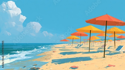 A vibrant beach scene with colorful umbrellas and chairs, set against a clear blue sky and ocean waves.