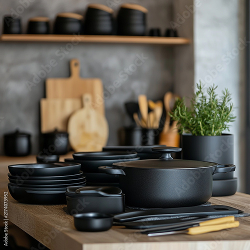 Modern kitchen interior with black tableware cookware and wooden cutting boards cutting board pot and pan plate stack wooden shelf kitchen design
