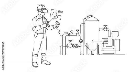 Continuous line drawing of an engineer using VR headset for industrial plant maintenance.