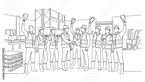 Group of diverse industrial workers standing together in line art style.