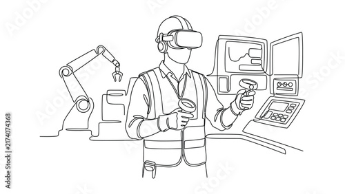 Continuous line drawing of industrial worker wearing VR headset.