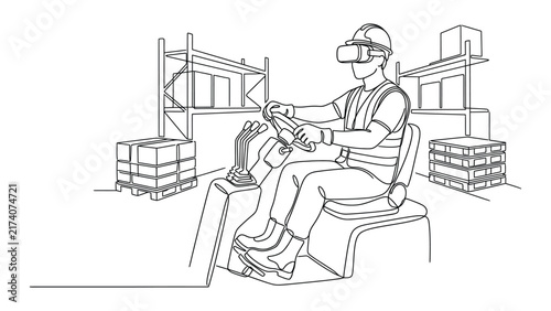 A warehouse worker wearing virtual reality goggles while operating a forklift.