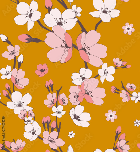 Seamless cherry blossom floral pattern with pink and white sakura flowers, buds, and dark branches on a rich mustard yellow background.