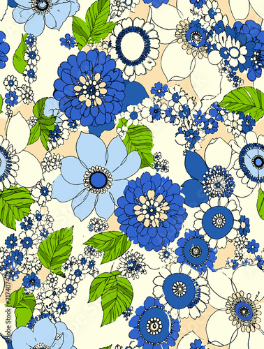 Seamless botanical floral pattern with vibrant cobalt blue, sky blue, and white flowers, bright green leaves, and peach patches on a cream background.