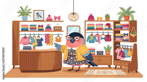 Chubby Bird Shopkeeper Welcoming Customers to a Cozy Boutique