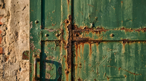 Weathered green metal door with heavy rust | Vintage industrial iron gate texture | Rustic peeling paint on metal surface | Old factory door with rivets and handle