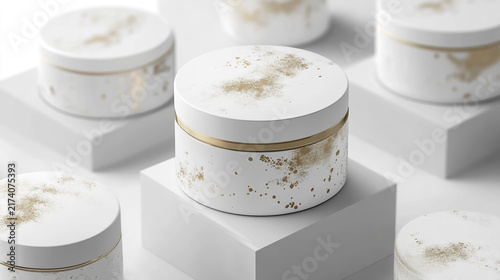 White round cosmetic boxes with golden floral pattern arranged on pedestals white packaging pedestal stand beauty products skin care packaging