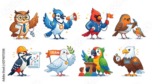 Cute Animal Teamwork Birds Characters Set | Owl, Cardinal, Eagle, Parrot