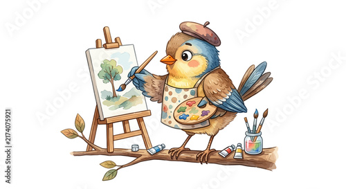 Cute bird artist painting landscape on easel, watercolor style, adorable character