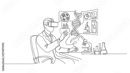 Continuous line drawing of a scientist wearing VR glasses exploring DNA structures.