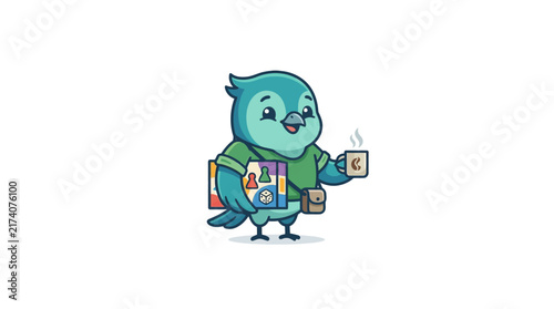 Cute bird character holding board game and coffee cup on white background