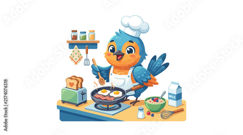 Cute bird chef cooking breakfast, eggs and bacon, cartoon illustration