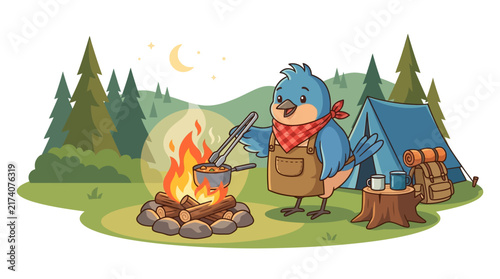 Cute bird cooking campfire meal, camping tent, forest night scene, vector illustration