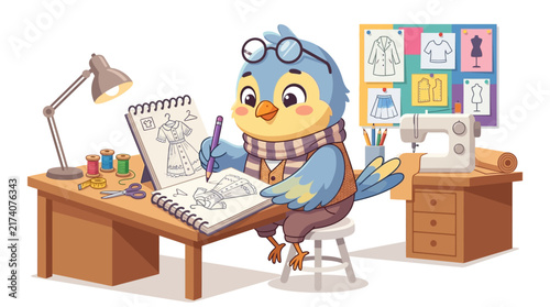 Cute bird designer sketching fashion on a notepad at a sewing desk