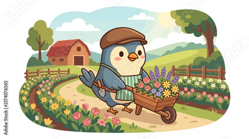 Cute Bird Gardener Pushing Wheelbarrow Full of Flowers in Spring Farm