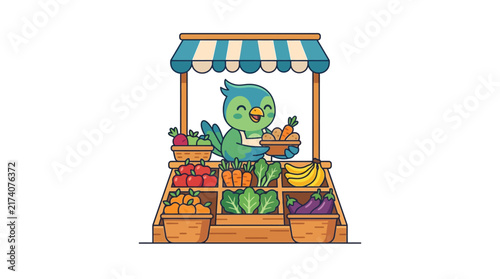 Cute bird in market stall selling fresh vegetables and fruits